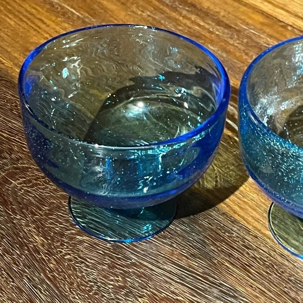 Set of 2 VTG Cobalt Blue Hand Blown Footed Bubble Glass Dessert Bowls Art Glass